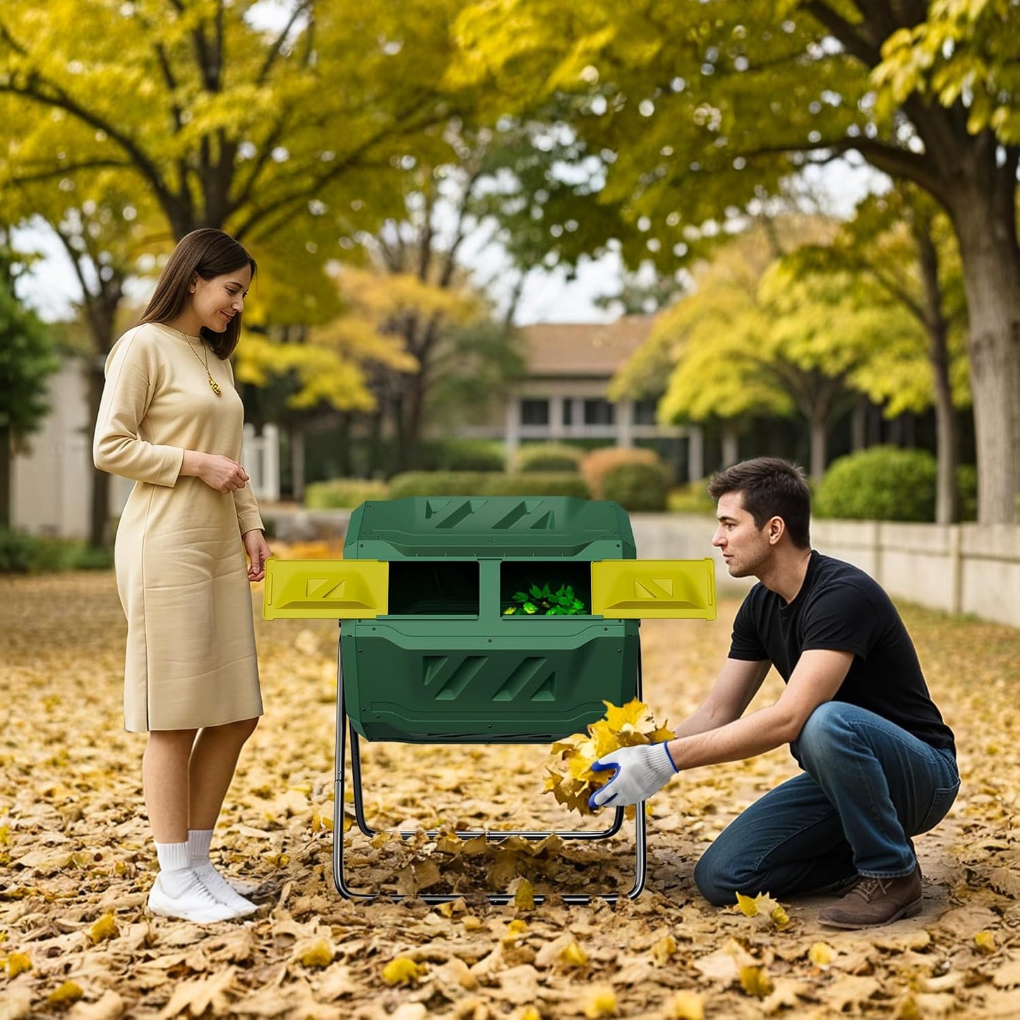 43 Gallon Large Dual Chamber Composting Tumbler Outdoor Garden Rotating Compost Bin Tumbling Composter with Sliding Door, Green