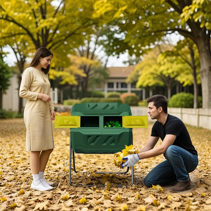 43 Gallon Large Dual Chamber Composting Tumbler Outdoor Garden Rotating Compost Bin Tumbling Composter with Sliding Door, Green