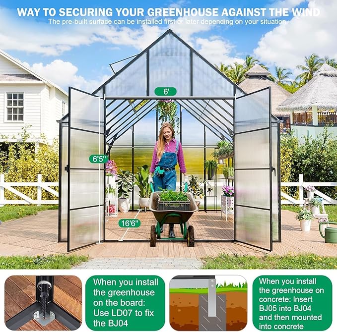 CDCASA 10x16x10 FT Greenhouse for Outdoors, Large Thicker Aluminum Polycarbonate Greenhouses w/3 Vents Window, Swing Door & Quickly T Connector Walk-in Green House for Outside, Backyard, Garden