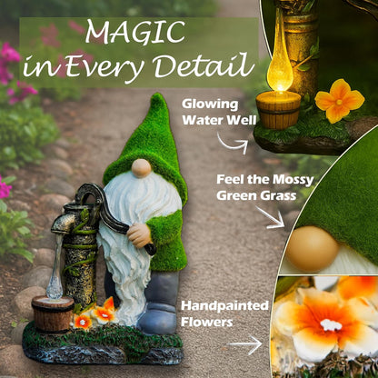 Water Pump Gnome Garden Decor for Yard/Lawn/Patio/Deck - Outdoor Weatherproof Statue with Solar Light - Moss Effect - Fun Spring & Summer Charming Gnomes Gifts for Women (Forest Green)