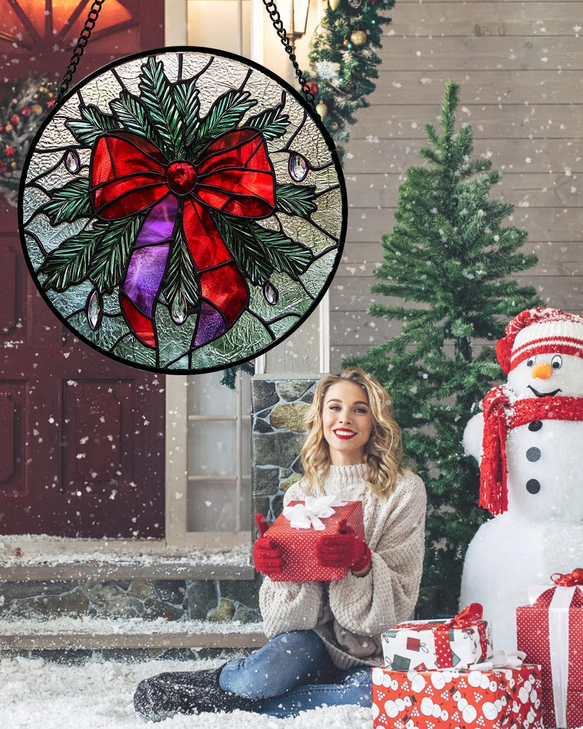 Stained Glass Window Hanging - Purple Gem Christmas Wreath Suncatcher for Doors Home Christmas Decoration Winter Sun Catcher Thanksgiving New Year Birthday Gifts for Women Men Mom Nana 15 in