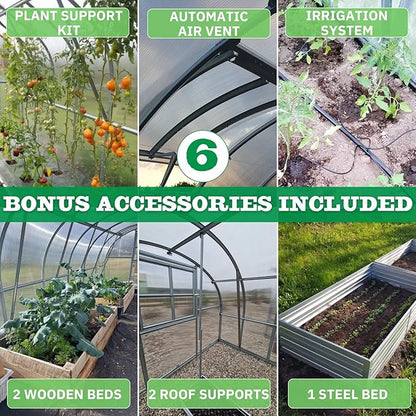 Polycarbonate Tunnel Greenhouse, Weather Resistant & Easy Assembly Greenhouses - Expandable Greenhouse for Outdoors, Garden House Tunnel with 6 Bonus Accessories & 10 Yr Frame Warranty(10x13 FT)