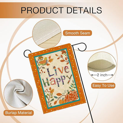 Hzppyz Live Happy Fall Garden Flag Double Sided, Inspirational Quote Autumn Pumpkin Bird Leaves Decorative Yard Outdoor Home Small Decor, Positive Farmhouse Outside House Decoration 12 x 18