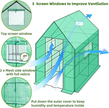 Greenhouse for Outdoors with Screen Windows, Ohuhu Upgraded 4 Tiers 11 Shelves Walk-in Greenhouses with Durable PE Cover, Outside Garden Plastic Green House with Ground Pegs & Ropes for Stability