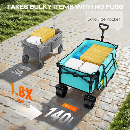 Navatiee Big Wheels Collapsible Wagon Cart Foldable, Heavy Duty Beach Wagon with Silent All-Terrain Wheels, Folding Utility Grocery Cart with Side Pocket and Brakes for Camping Garden Sports, Blue