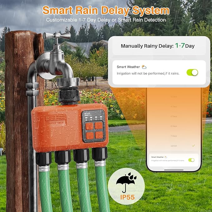 Smart WiFi Sprinkler Timer 4 Zone,WiFi Water Timer for Garden Hose with 984 FT Range,APP & Remote Control,Alexa & Google Voice Compatible,Rain Delay, Manual Mode Sprinkler System