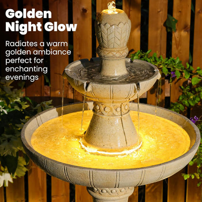 3-Tier Outdoor Water Fountain with LED Lights, 45.5" Italian Resin Garden Fountain for Patio, Yard, and Porch – Weather-Resistant Cascading Waterfall Feature with Quiet Pump, Elegant Backyard Décor