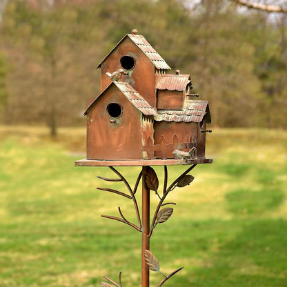 Large Copper Colored Multi-Birdhouse Stakes, Room for 4 Bird Families in Each (Rectangular Houses with Classic Roofs)