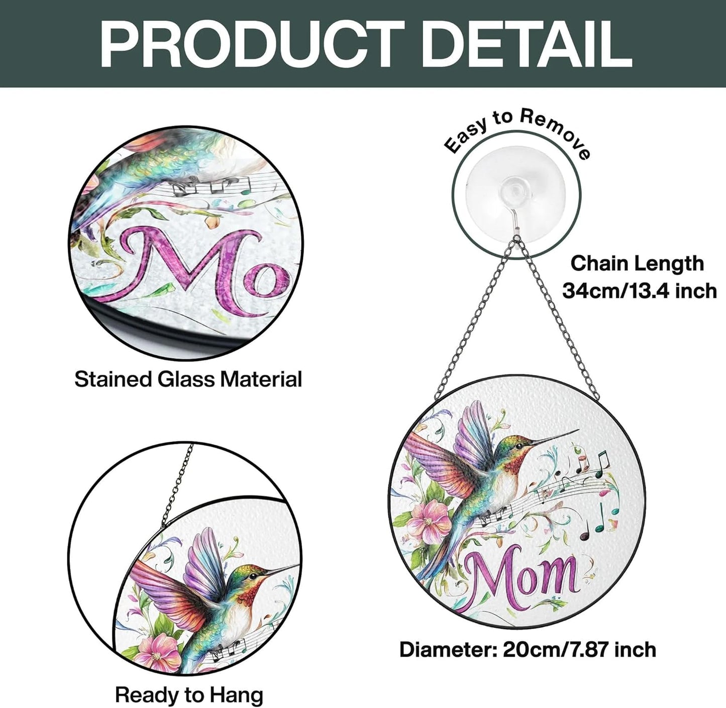 Mom Suncatcher Hummingbird Stained Glass for Windows Hanging Home & Garden Decor Best Mom Memorial Gifts for Mothers Day from Daughter Son Birthday Christmas Thanksgiving Grandma Gift