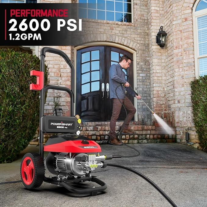 PowerSmart DB1002 2600 PSI Electric Pressure Washer with Induction Brushless Motor,3.0 GPM High Pressure Cleaner, 5 Nozzles, 8” Wheels, Detergent Tank, for Car, Patio, Fence, Driveway Cleaning