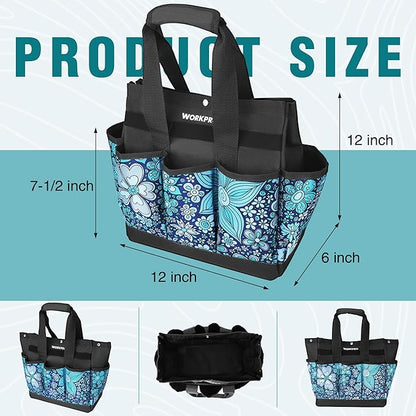 WORKPRO Garden Tool Bag, 9 Pockets Gardening Bag, Heavy Duty Oxford Garden Tote Caddy (Tools NOT Included), 12" x 12" x 6" (Floral Blue)