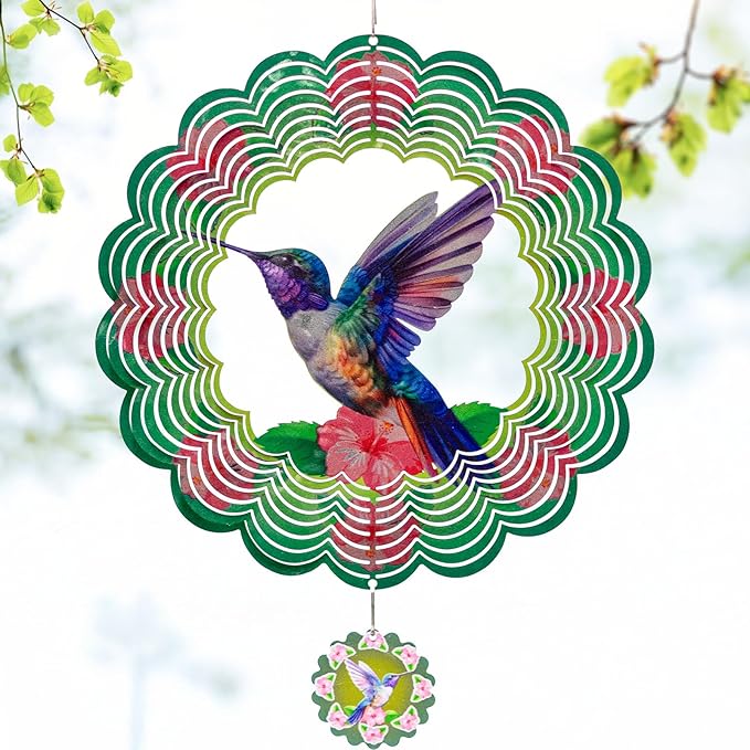 3D Hummingbird Wind Spinners for Yard and Garden Patio Decor 12 Inch Outdoor Metal Stainless Steel Wind Spinner Unique Gift Holiday Wind Sculptures