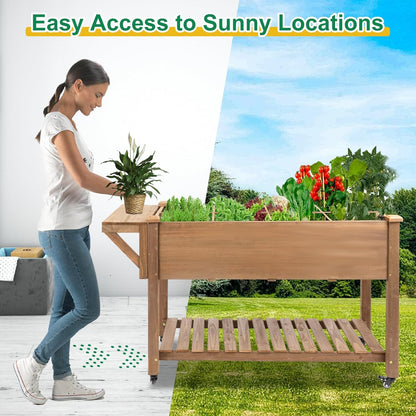Raised Garden Bed with Wheels, Wood Elevated Garden Box with W-Connection Tabs，for Vegetable, Flower, Herb, Large Storage Shelf, Easy to Assemble, 55.5x24x32in