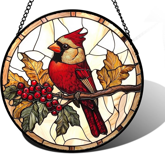 Stained Glass Window Hanging, Birds on a Branch Cardinal Sun Catchers Diamond Glass Panel Hangings Suncatcher Decor for Birthday for Women, Men, Wife, Aunt,and Mom 7.8X7.8IN