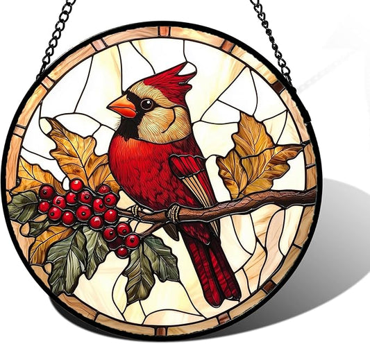Stained Glass Window Hanging, Birds on a Branch Cardinal Sun Catchers Diamond Glass Panel Hangings Suncatcher Decor for Birthday for Women, Men, Wife, Aunt, and Mom 9.8X9.8IN