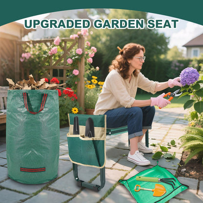 Heavy Duty Garden Kneeler and Seat with Tool Pouches | Foldable Gardening Bench Kneeler & Stool for Seniors | Reusable Leaf Bag & Repotting Mat | Wide Kneeling Pad Gifts for Mom Men (Garden seat)