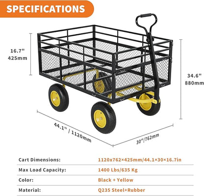 3-in-1 Heavy-Duty Steel Garden Cart, 1400 Lbs Garden Wagon, with 13 Inch All-Terrain Tires and Removable Mesh Side Panels, 180° Rotating Handle, Metal Multi-Function Carts, Outdoor Gardens Wagon Cart