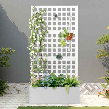 FENCY Metal Raised Garden Bed with Trellis, Planter Box with Trellis, Garden Box for Climbing Plants Vegetable, 35''Lx16''Wx71''H Metal Garden Bed with Drainage Holes(White)