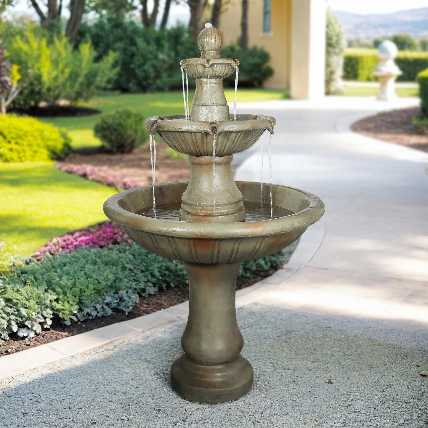 SunJet 51.5” High 3-Tiers Modern Concrete Outdoor Water Fountain - Round Large Outdoor Fountains and Waterfalls for Garden, Patio, Yard, and Deck Decor, Featuring Natural Stone Look