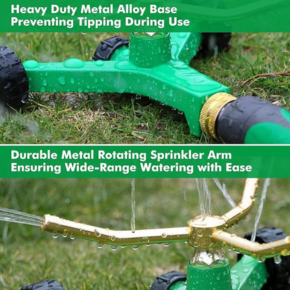 RESTMO 3-Arm Metal Sprinkler with Wheel Base, 360 Degree Automatic Rotary Lawn Sprinkler System for Garden Plant, Flower Bed and Yard Watering and Large Yard Area Watering