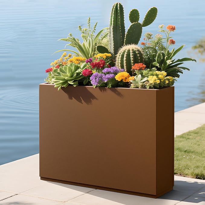 Large Rectangle Planter Metal Brown Planter Box with a Drainage Hole and a Removable Divider Indoor Outdoor Porch Pots for Tall Plants, Trees, Flowers 35.43" x 9.06" x 25.59" Brown