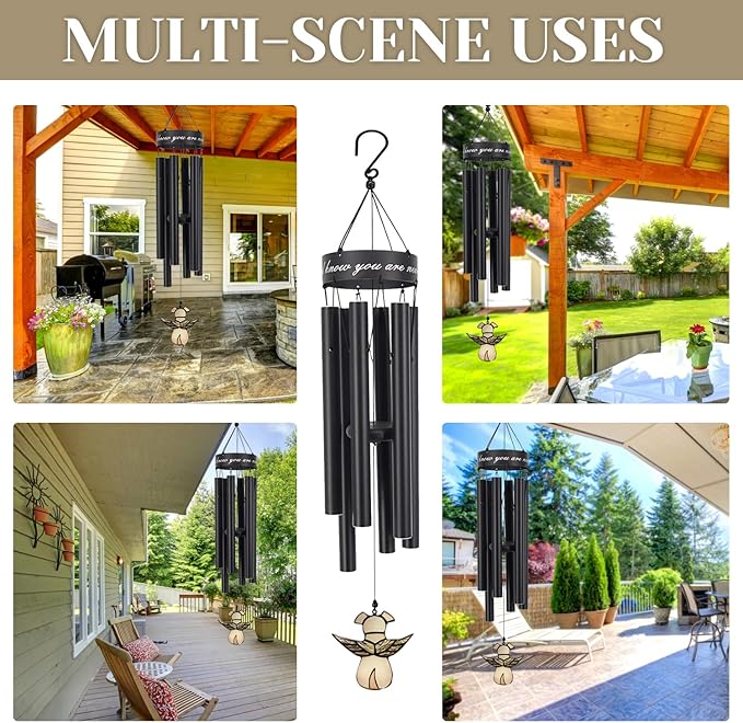 Pet Memorial Wind Chime, 30 Inches Paw Print Pet Remembrance Gift to Honor and Remember a Dog, Cat, or Other Pet, Premium Metal Wind Chime, Black