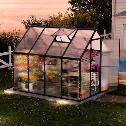 Polycarbonate Greenhouse, 8.2x6.2 FT Easy Assembly Aluminum Heavy Duty Greenhouses for Outdoors w/ Window, Swing Door, Walk-in Green House for Sunroom,Outside, Backyard, Garden, Black