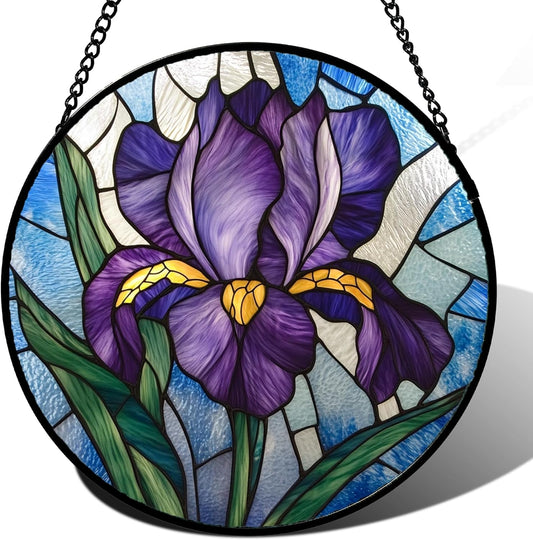 Stained Glass Window Hanging - Iris Birth Flower Suncatcher for Doors Garden Yard Purple Blue Sun Catchers Decor Christmas Mother's Day Birthday Gifts for Teacher Women Mom Nana 9.8 in