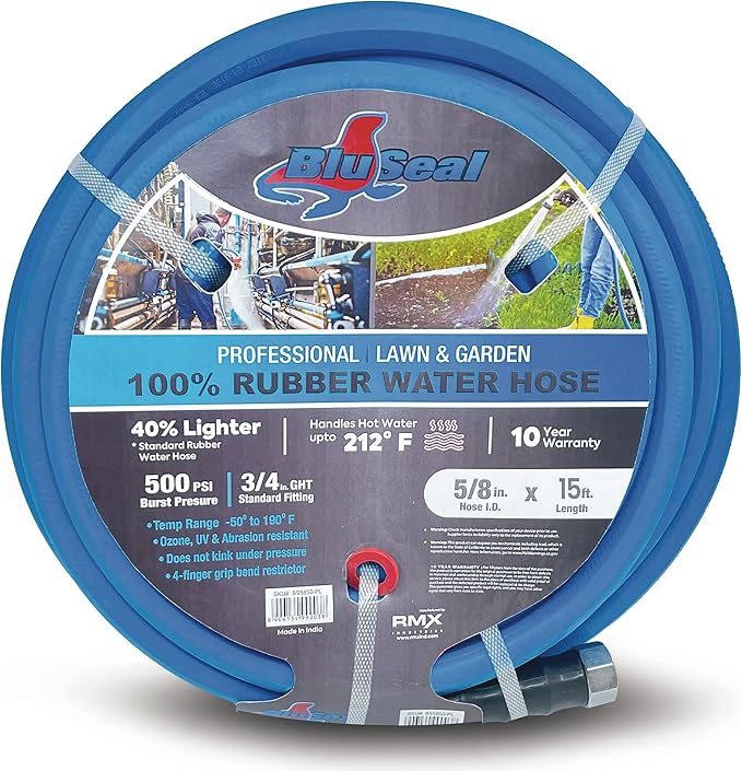 BluSeal Hot/Cold Water Rubber Garden Hose, 100% Rubber, Ultra-Light, Super Strong, 500 PSI, 50F to 190F Degrees, High Strength Polyester Braided (5/8" x 15')