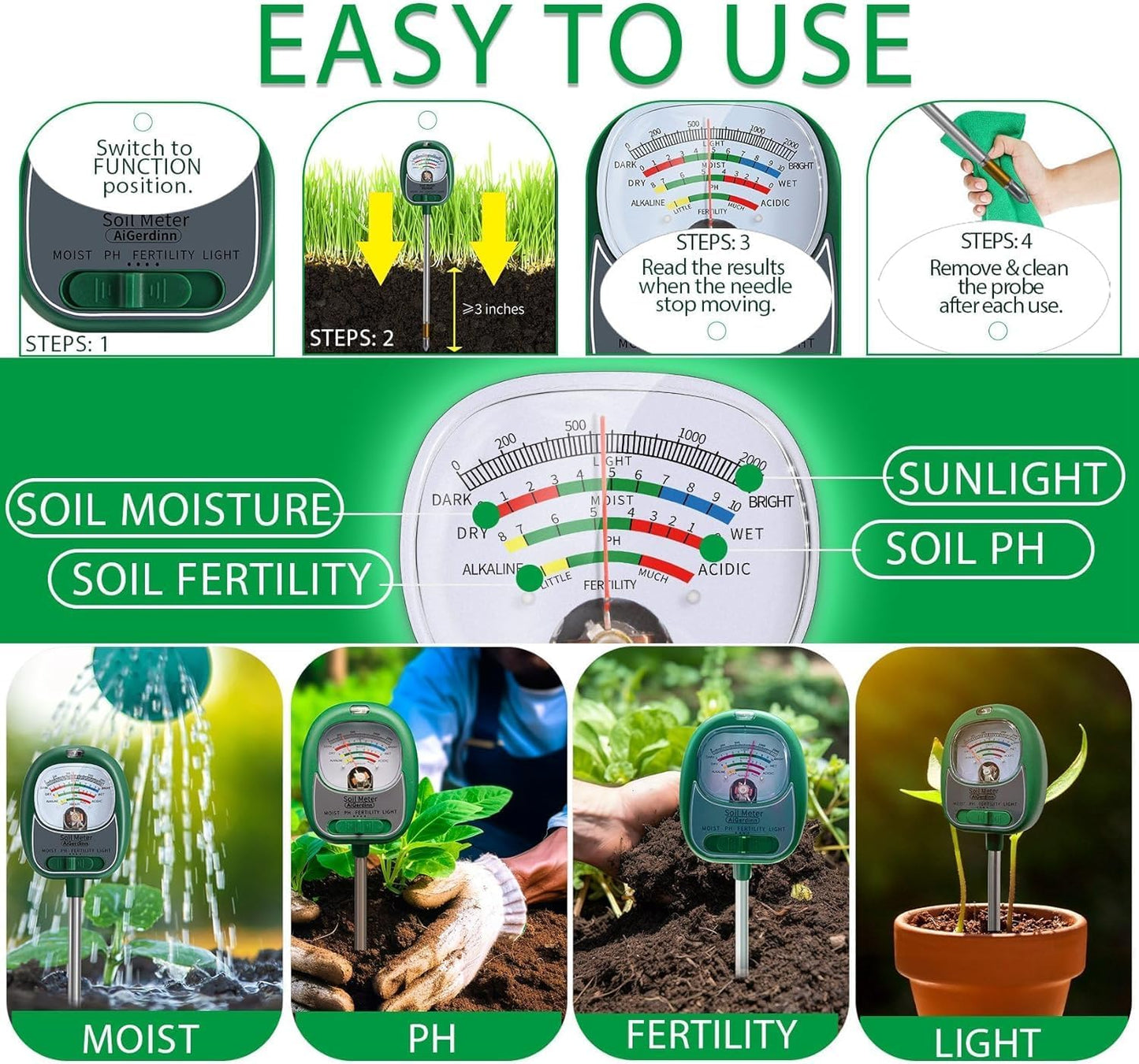 Soil Tester, Soil Moisture Meter/Soil pH Meter/Sun-Light/Fertility for Gardening, Large Dial Soil pH Tester Plant Water Meter for Indoor&Outdoor Garden,Farm Soil Test Kit-Green