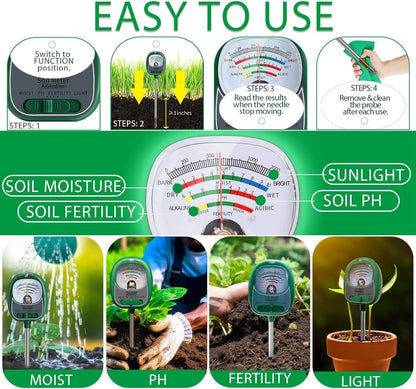 Soil Tester, Soil Moisture Meter/Soil pH Meter/Sun-Light/Fertility for Gardening, Large Dial Soil pH Tester Plant Water Meter for Indoor&Outdoor Garden,Farm Soil Test Kit-Green