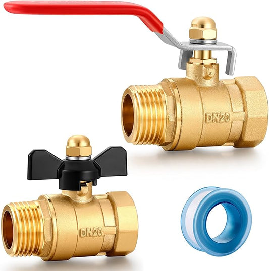 Garden Hose Brass Shut Off Valve Full Flow, No Restricted-Flow Water Shut-Off Connector, 3/4" GHT x 3/4" GHT Garden Hose Full Port Ball Valve Adapter (Long Handle and Butterfly Handle)