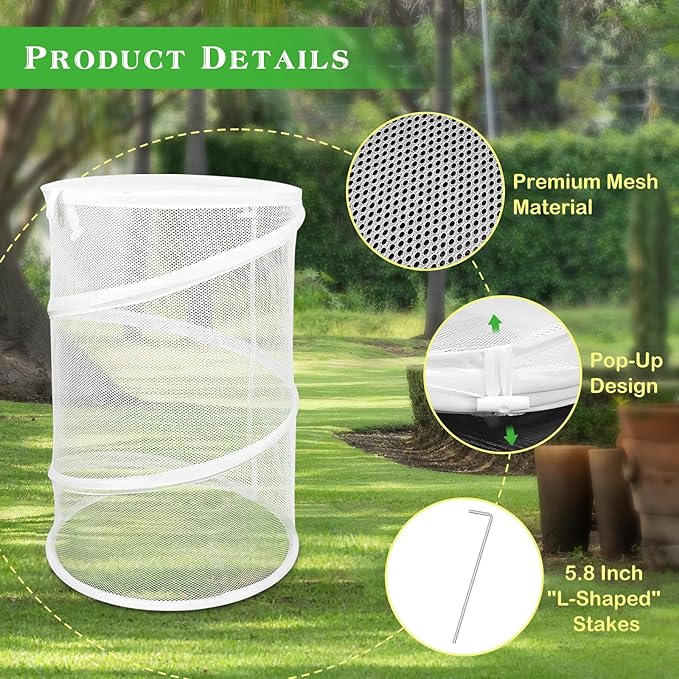 Pop up Plant Cover Net, 4 Pack White Round Foldable Net Cover to Prevent Animal Damage, Garden Plant Protection Cover with Stakes for Outdoor Plants
