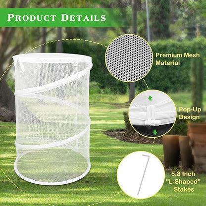 Pop up Plant Cover Net, 4 Pack White Round Foldable Net Cover to Prevent Animal Damage, Garden Plant Protection Cover with Stakes for Outdoor Plants