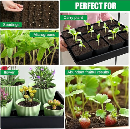 Seed Starter Tray, 10 Packs Plant Tray, Durable Plastic Growing Trays, Stackable Seedling Starter Trays Perfect for Indoor, Outdoor, Greenhouses, 16.5" L x 13.2" W x 2.8" H - Black