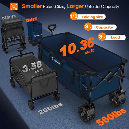 48" L Collapsible Wagon Cart Foldable, 560lbs Weight Capacity 300L Heavy Duty Folding Beach Wagons with Big All-Terrain Wheels, Utility Carts for Groceries, Shopping, Camping, Sports - Blue