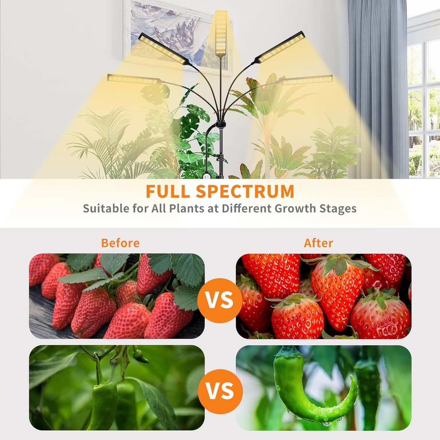 Grow Lights for Indoor Plants Full Spectrum, 5 Heads LED Plant Light with Auto On/Off Timer, 10-Level Dimming & Adjustable Stand for Houseplants, Home Gardeners