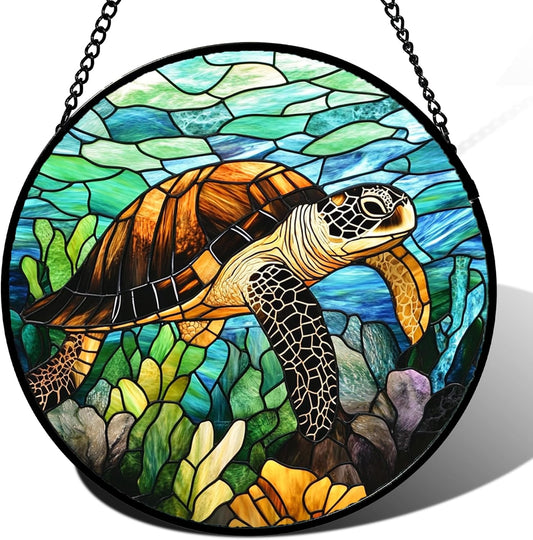 Stained Glass Window Hanging - Cute Sea Turtle Suncatcher for Door Garden Yard Blue Ocean Sun Catchers Decor Christmas Mother's Day Birthday Children's Gifts for Women Mom Nana Friend 15 in
