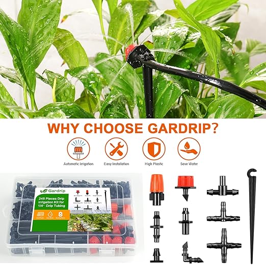 245 Pcs Drip Irrigation Fittings Kit for 1/4" Tubing：Gardrip 1/4 Inch Drip System Barbed Connectors (Nozzles, Nozzle Tees, Drippers, Single Barbs, Couplings, Tees, Elbows, Plugs, Crosses, Drip Stakes)