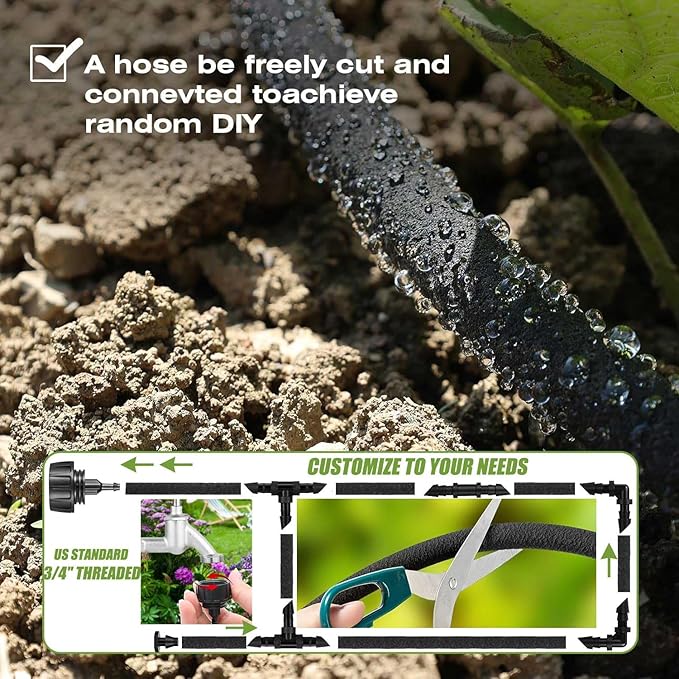 1/4 Inch Soaker Hose for Garden 100ft Soaker Irrigation Drip Hose System, Heavy Duty Drip Irrigation Tubing with Hose Connector Accessories for Watering Garden Beds Vegetable Lawn and Yard (100ft)