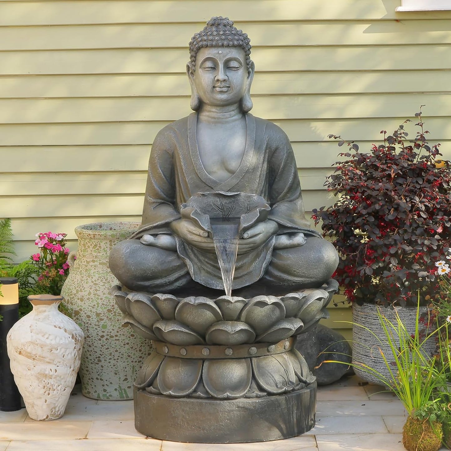 Buddha Water Fountain Outdoor Large Sitting Lotus Base Waterfall Fountains Zen Water Feature Indoor with LED Light for Garden Patio Backyard Deck Lawn Porch Balcony Home 45 inches Gray