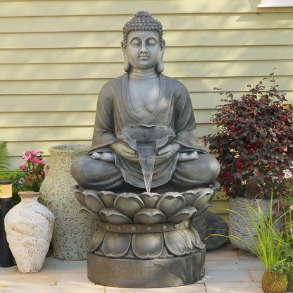 Buddha Water Fountain Outdoor Large Sitting Lotus Base Waterfall Fountains Zen Water Feature Indoor with LED Light for Garden Patio Backyard Deck Lawn Porch Balcony Home 45 inches Gray