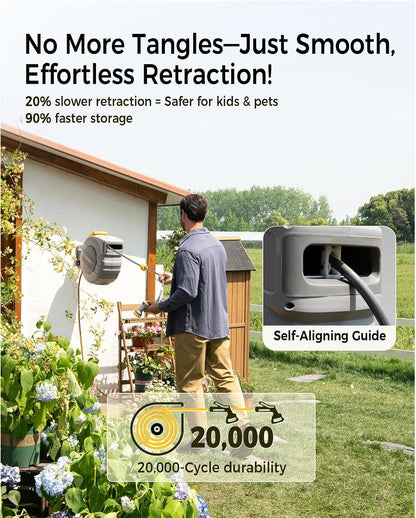 GLAHODEN Retractable Garden Hose Reel 5/8 in x 100 ft Upgraded UV Resistant Heavy Duty Automatic Hose Reel Wall Mount 3/4 in Brass Fitting 9 Pattern Nozzle Any Length Lock Slow Retraction 180° Swivel