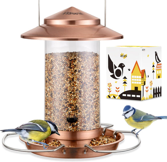 iBorn Bird Feeder Metal Squirrel Chew-Proof Bird Feeders for Outdoors Hanging Outside for Cardinal, Holds 1.5LB Seed with 3 Perchs, Brushed Copper (Seed is not Included)