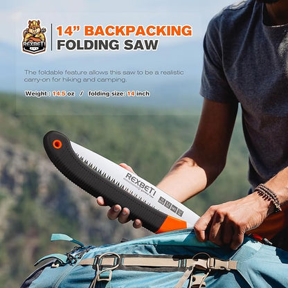 REXBETI Folding Saw, 14 Inch Blade for Dry Wood Trimming and Pruning, 4 Cutting Angles, SK-5 Steel