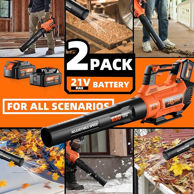 21V Leaf Blower Cordless, Electric Snow Blowers with 2X 4.0Ah Battery, Lightweight Blower with Turbo Button, Variable Speed Dial, and Cruise Control for Sidewalks, Garages, Yards & Patios