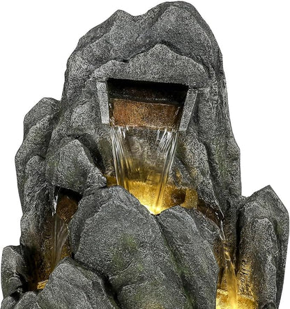 SunJet Outdoor Rockery Water Fountain with LED Lights - 51" Tall Resin Cascading Fountains and Waterfalls Feature for Patio, Yard, Garden Decor, Featuring Realistic Natural Stone Look