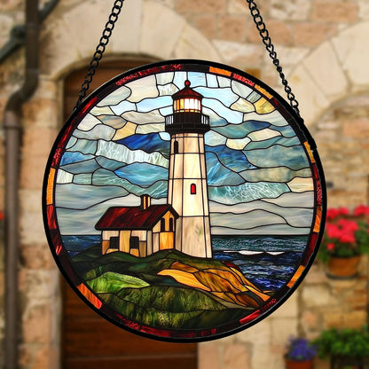 Stained Glass Window Hanging, Ocean Lighthouse Sun Catchers Glass Panel Blue Green Suncatcher Decor for Birthday for Women, Men, Wife, Aunt, and Mom 7.8 in