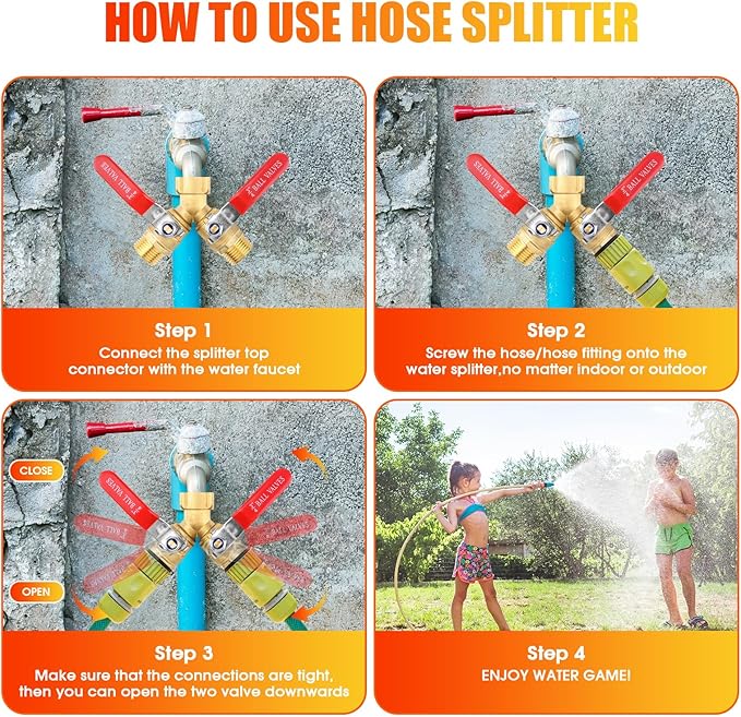 Hose Splitter 2 Way Heavy Duty, 3/4 Inch GHT Thread Y Valve Connector with Stainless Steel Long Handle, Full Flow Garden Brass Hose Splitter for Outdoor Watering, Irrigation, Washing