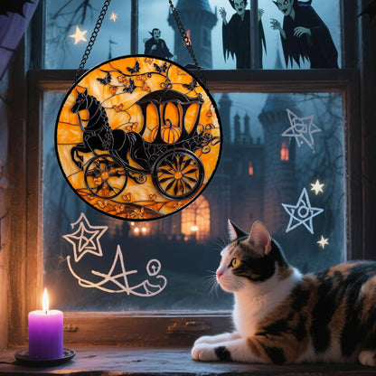 Stained Glass Window Hanging - Halloween Pumpkin Carriage Suncatcher for Doors Window Garden Indoor Spooky Funny Orange Sun Catchers Gothic Decor Horror Gifts for Women Men Friend 7.8 in